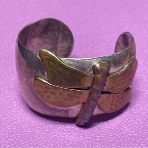 Vintage Three Dimensional Silver, Brass and Copper Dragonfly Cuff Bracelet